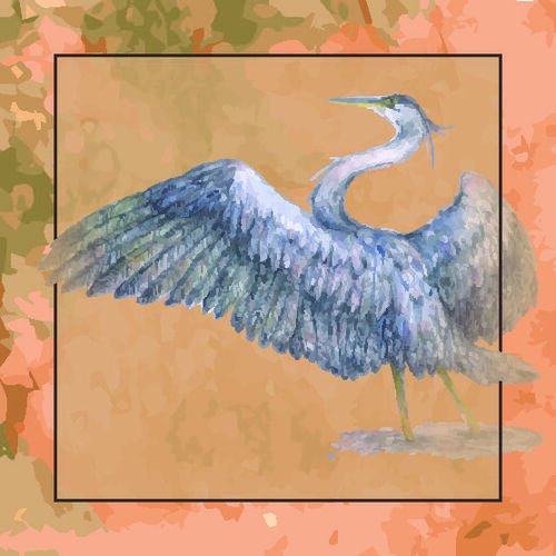 A watercolor image of a great blue heron.